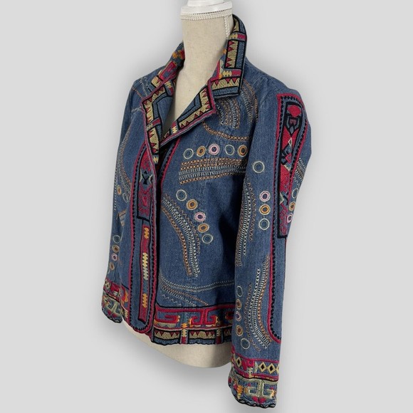 Coldwater Creek Embroidered Bohemian Hippie Denim Jacket Long Sleeve Womens PS - Picture 11 of 16
